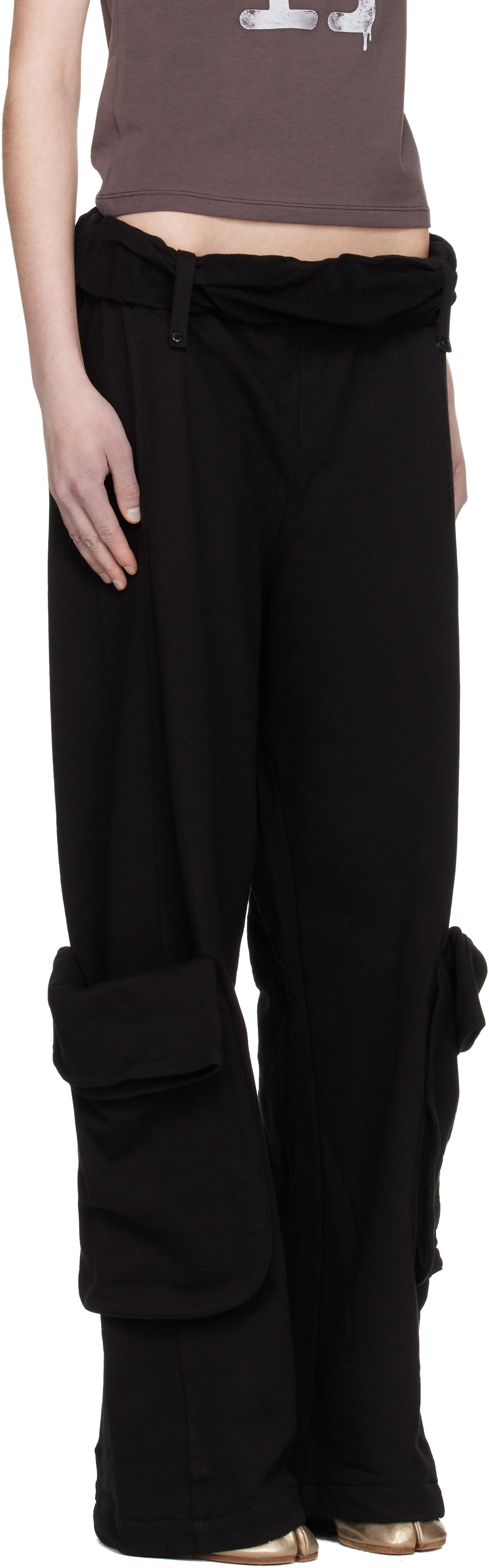 Black Rolled Waist Sweat Cargo Pants