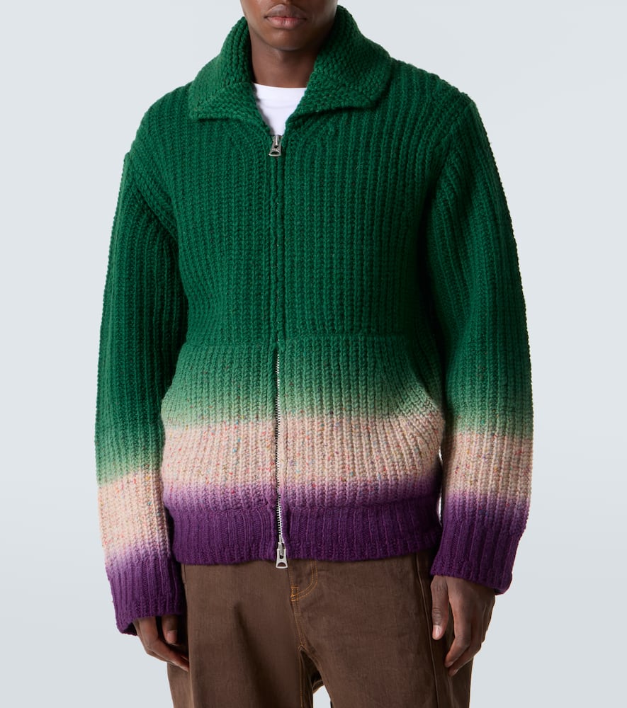 Ribbed-knit wool zip-up cardigan