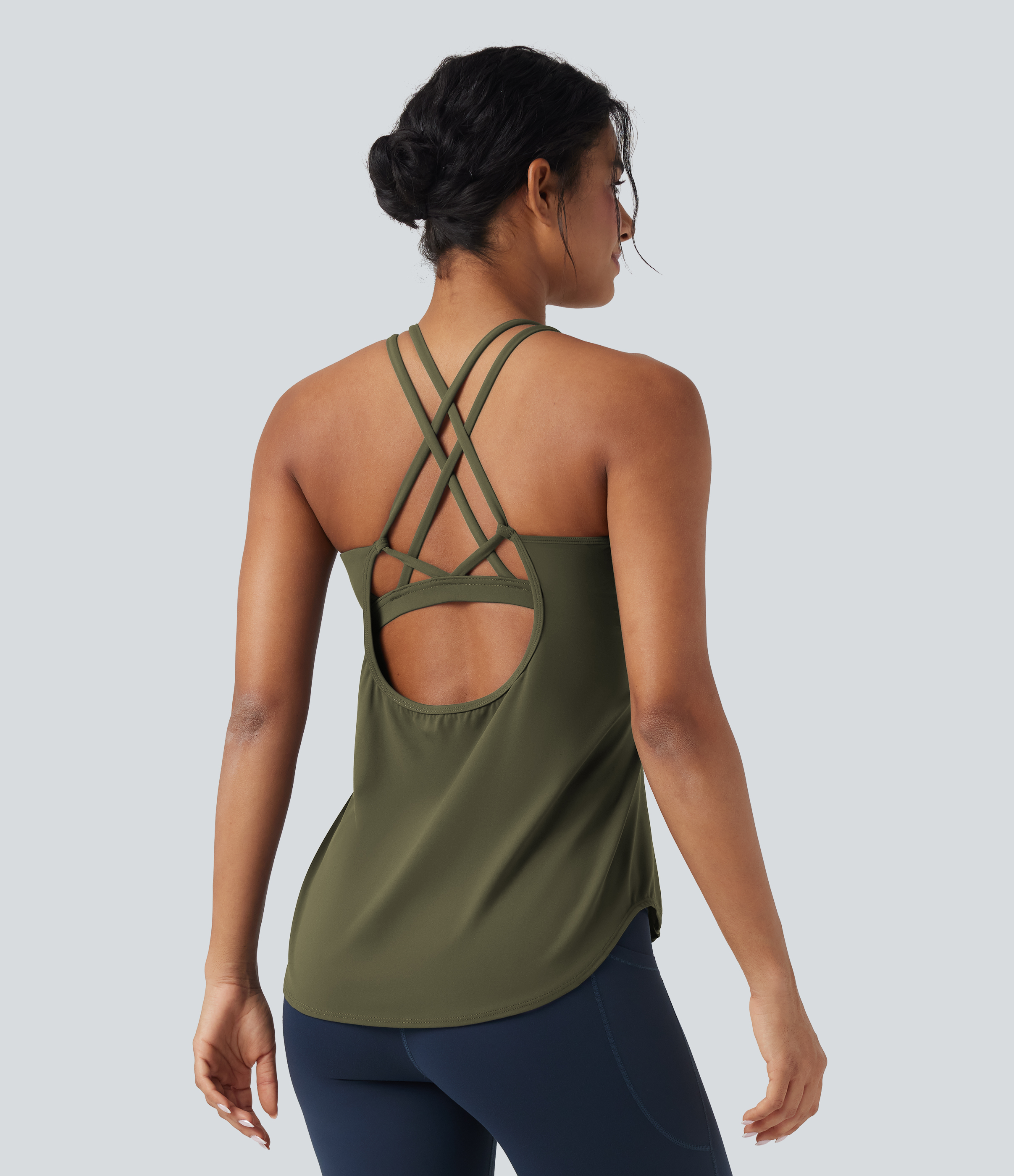 UltraSculpt™ Round Neck Crisscross Back Running Tank Tops DD-F Cups Tank Top - Grass Grey Green