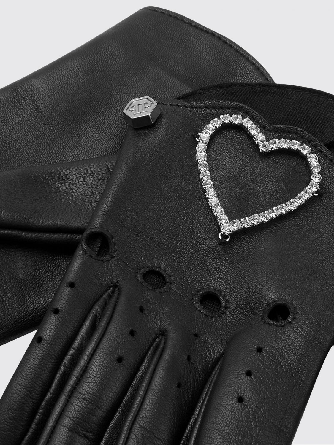 Heart-appliqué leather gloves - Black
