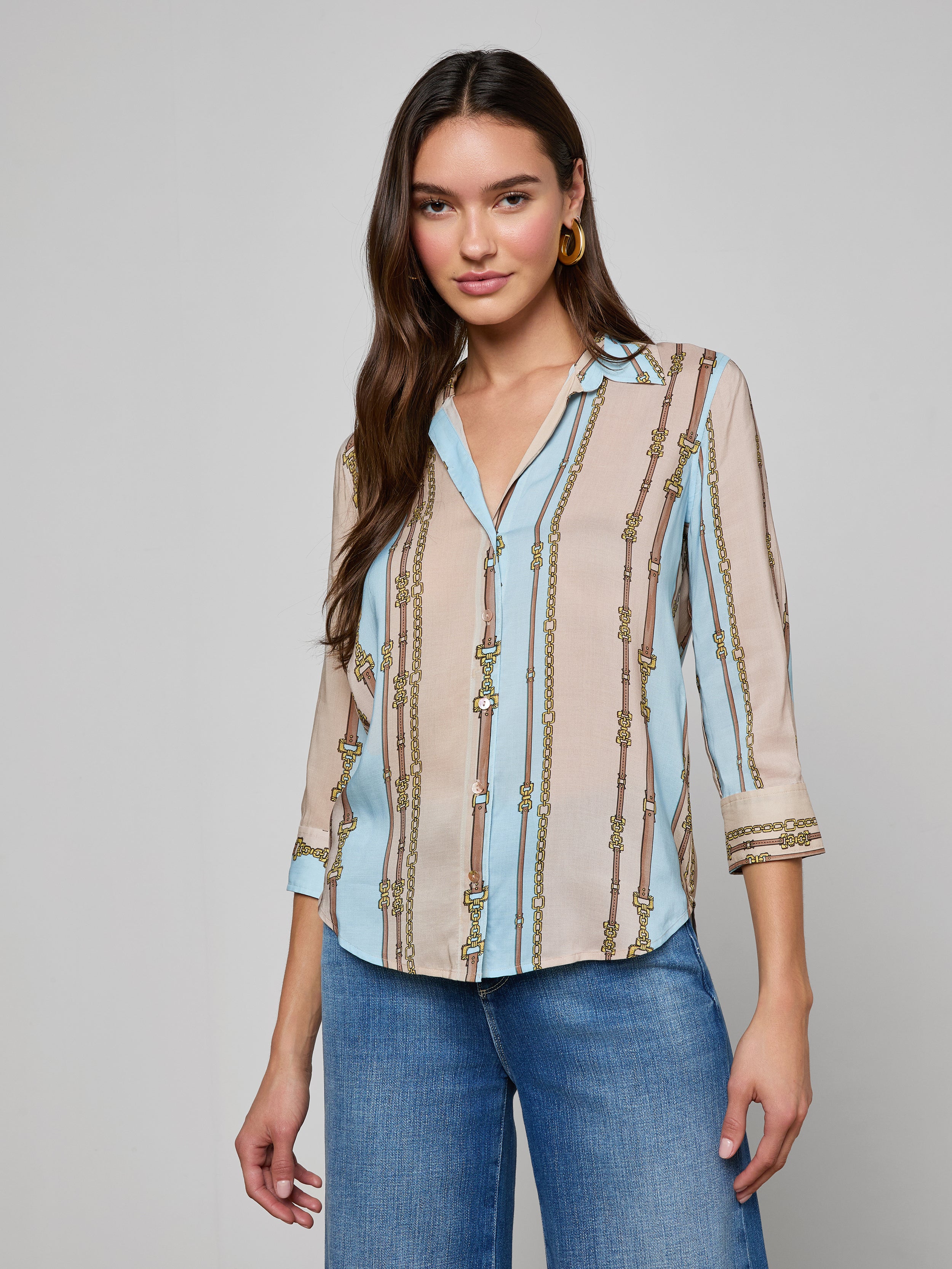 Camille Blouse Top In Taupe/light Sage Belt Stripe