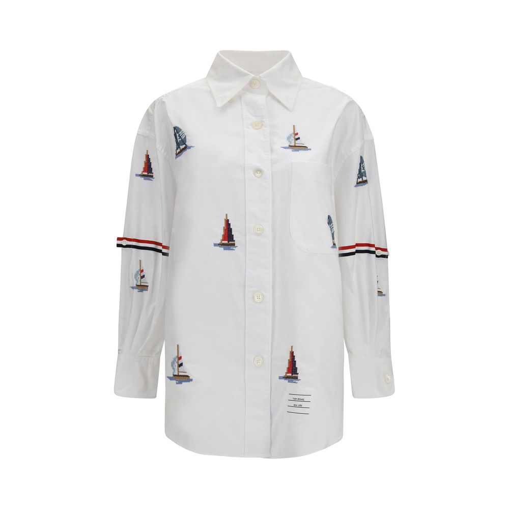 Sailboat-Embroidered Cotton Shirt — White