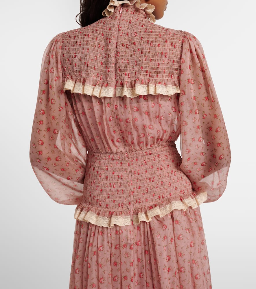 Floral smocked silk and cotton chiffon gown