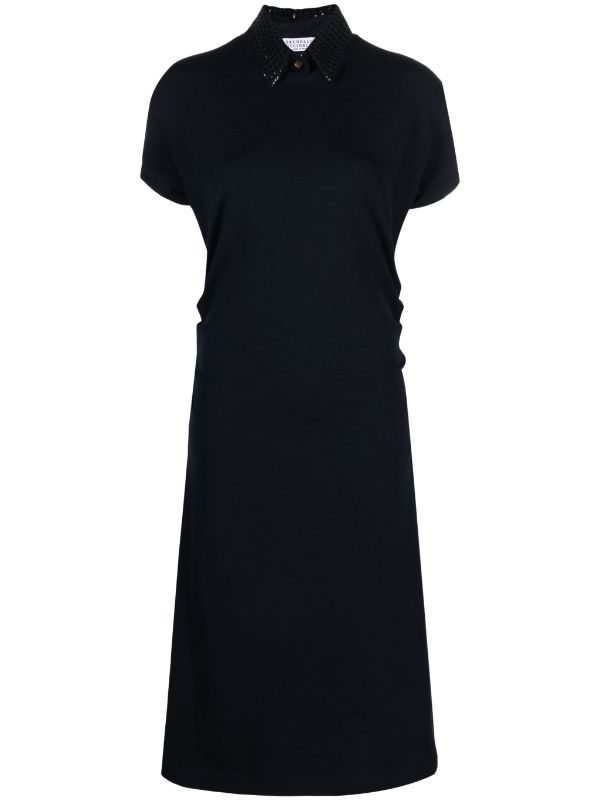 Sequin-Embellished Wool-Blend Dress — Navy
