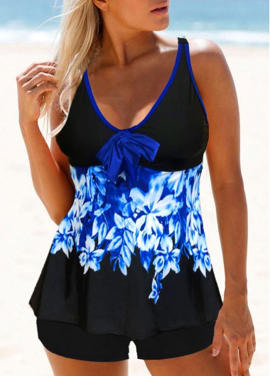 Modlily Leaf Print Bowknot Front Tankini Set