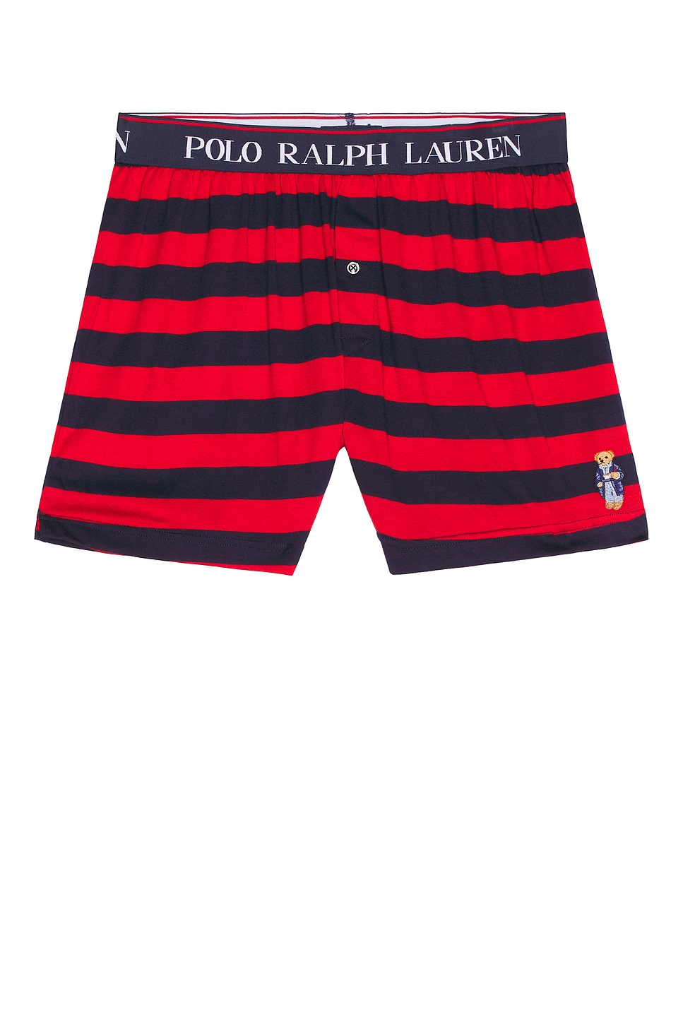 Polo Ralph Lauren Exposed Waistband Knit Boxer With Bear in Cruise Navy & RL2000 Red Rugby Stripe - Red. L also in S, XL/1X