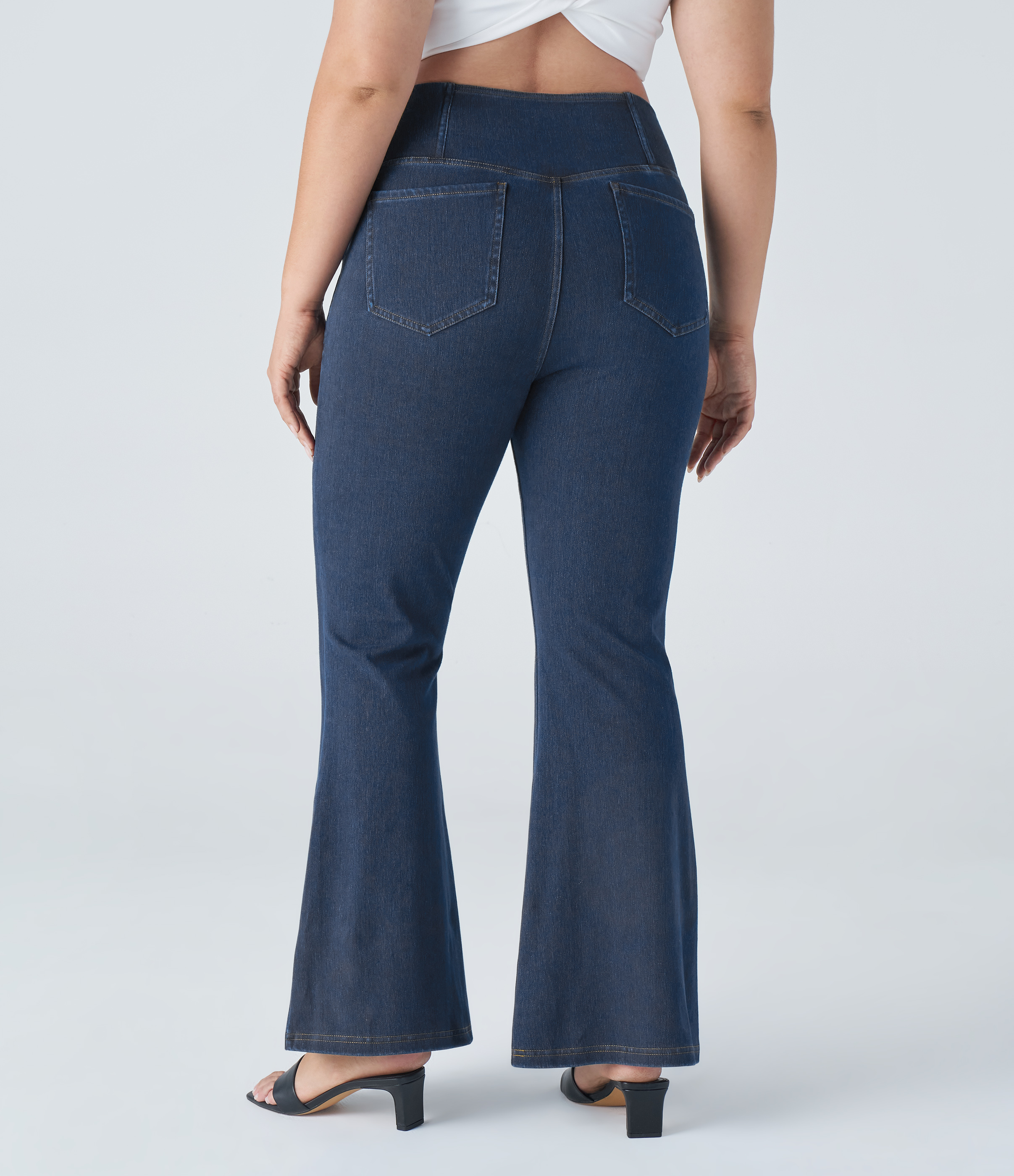 Flex™ High Waisted Crossover Pocket Washed Casual Plus Size Jeans  - Washed Denim Navy Blue