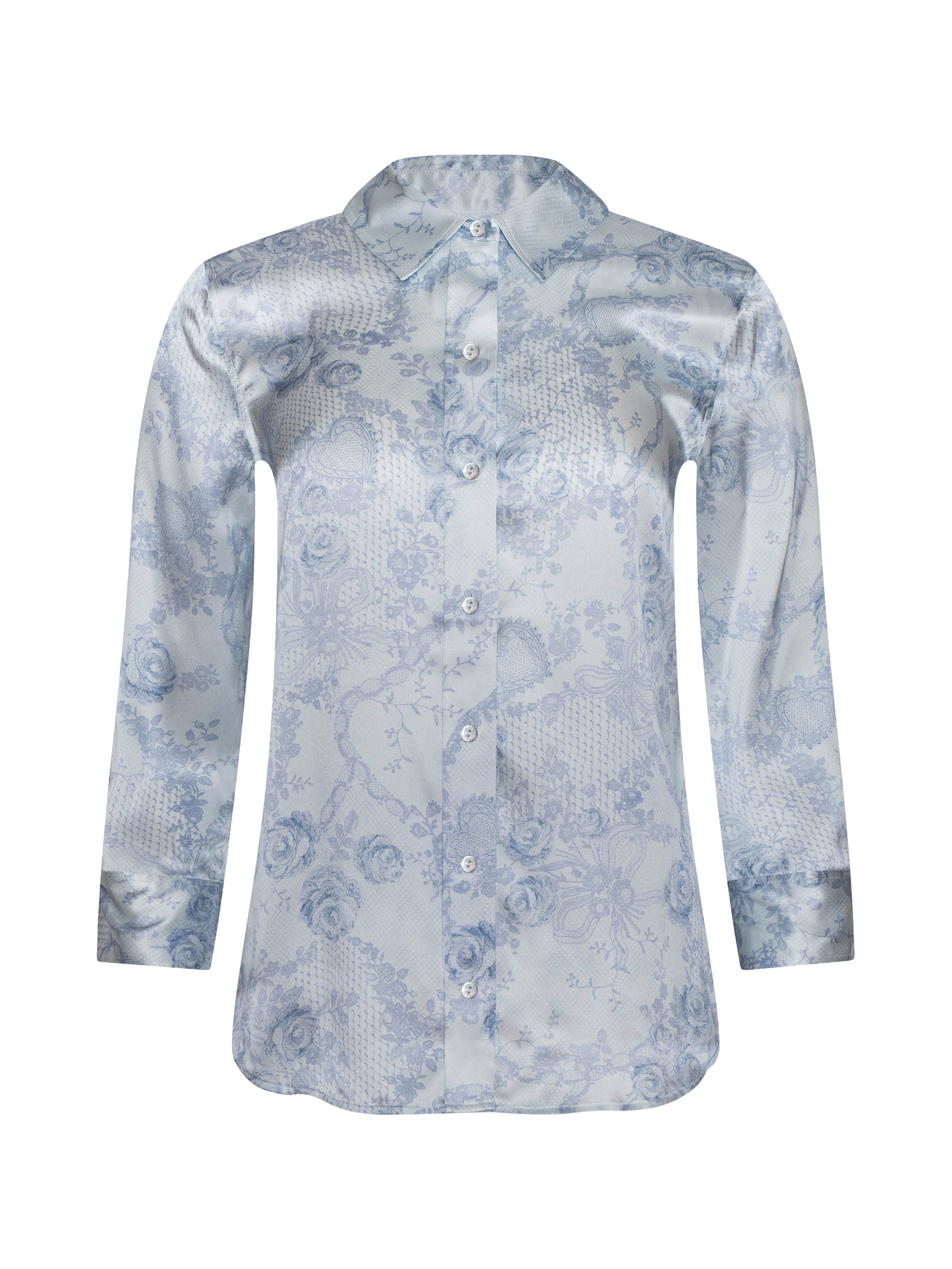 Dani Silk Blouse Top In Ivory/pale Mist Blue Lace Print