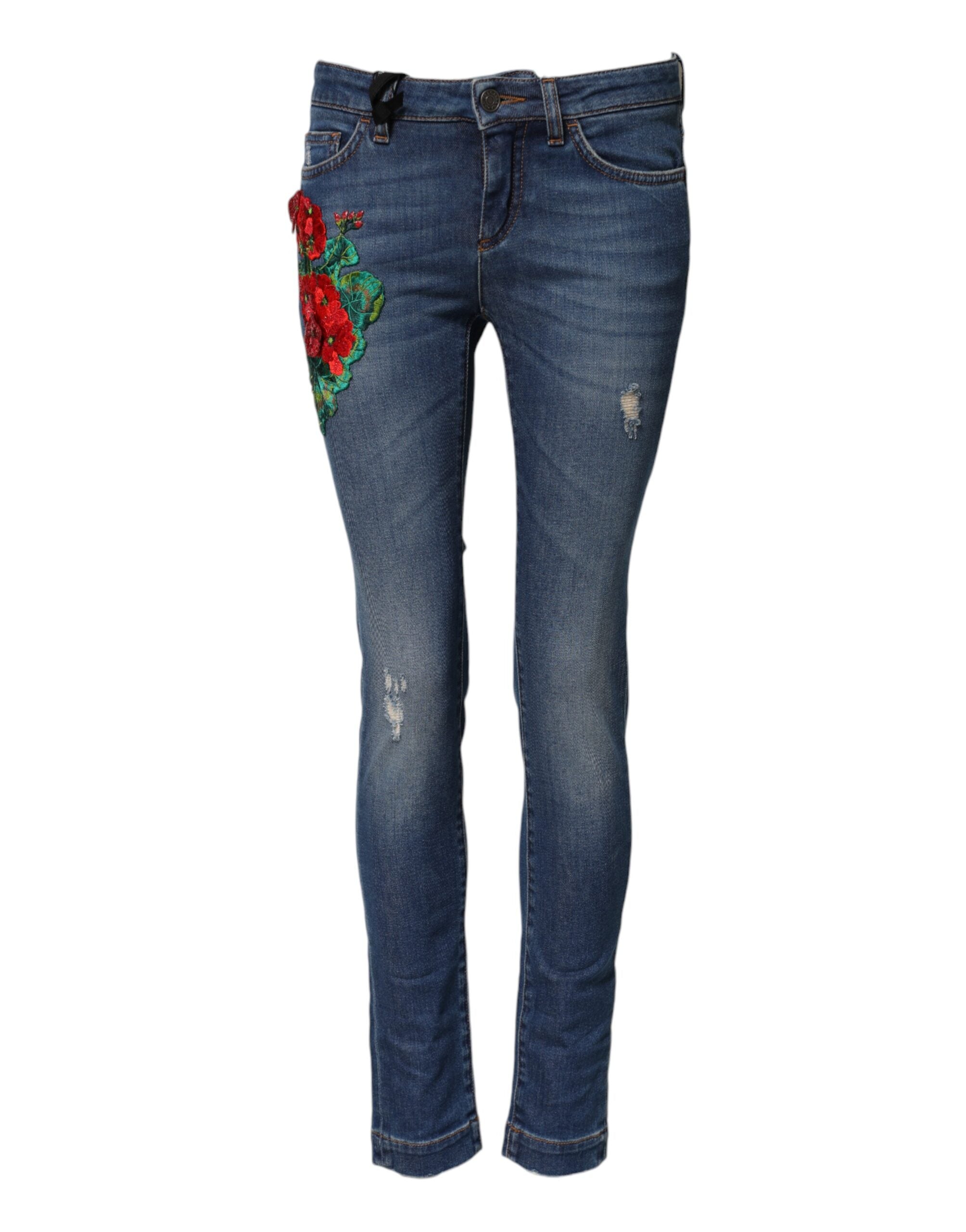 Floral-Embroidered Denim Jeans — Blue