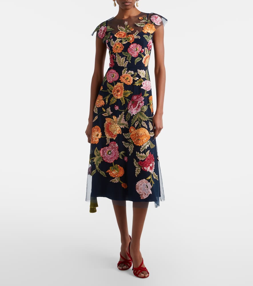 Floral sequined tulle midi dress