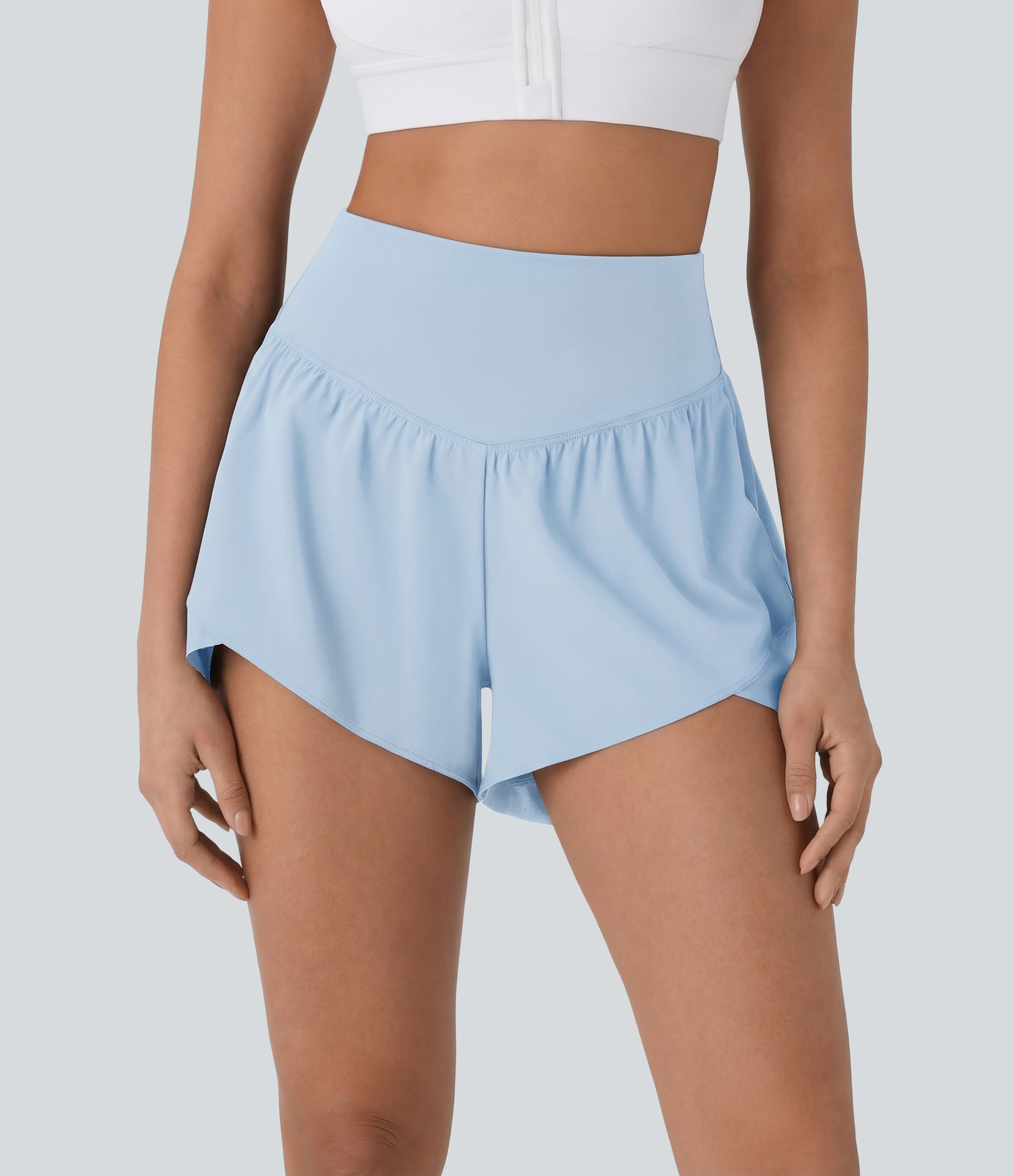 Breezeful™ High Waisted Pocket Crossover Hem Quick Dry Yoga Shorts Gym Short - Thin Ice Blue