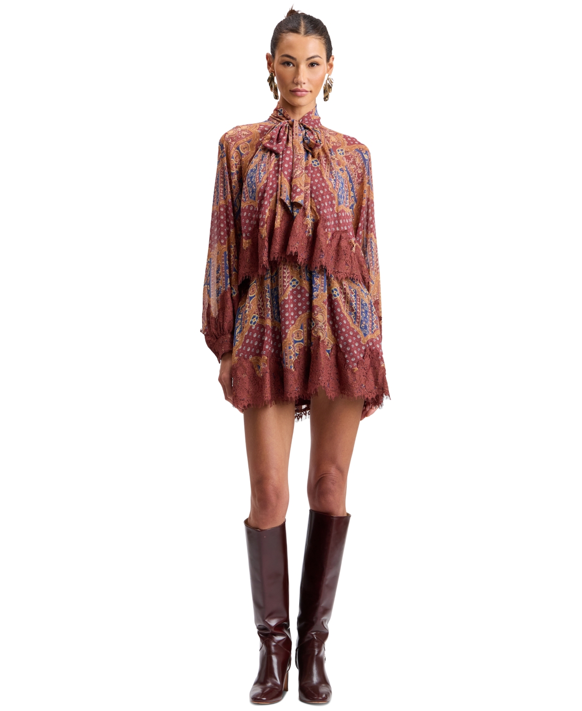 Women's Tie-Neck Long-Sleeve Tiered Mini Dress - Cognac Medallion Scarf