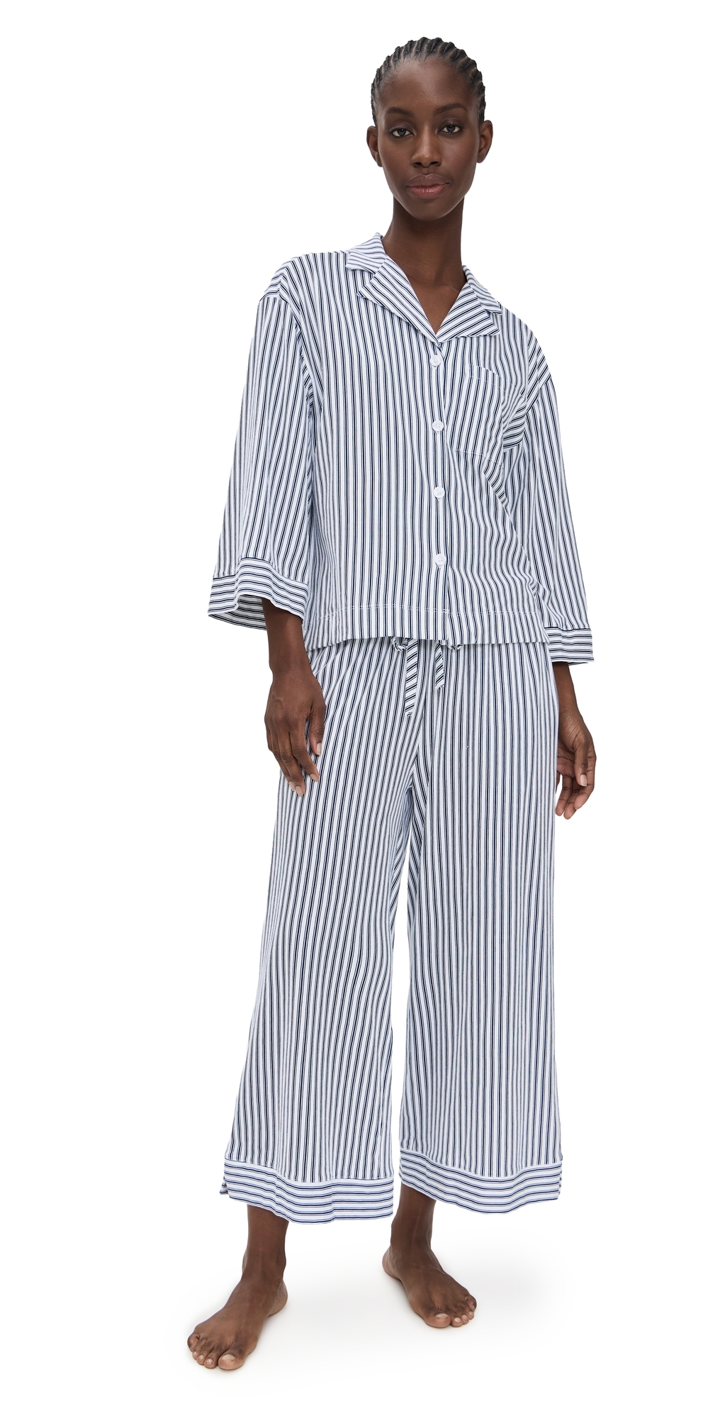Luxe Pima French Ticking Wide Leg Pajama Set Navy