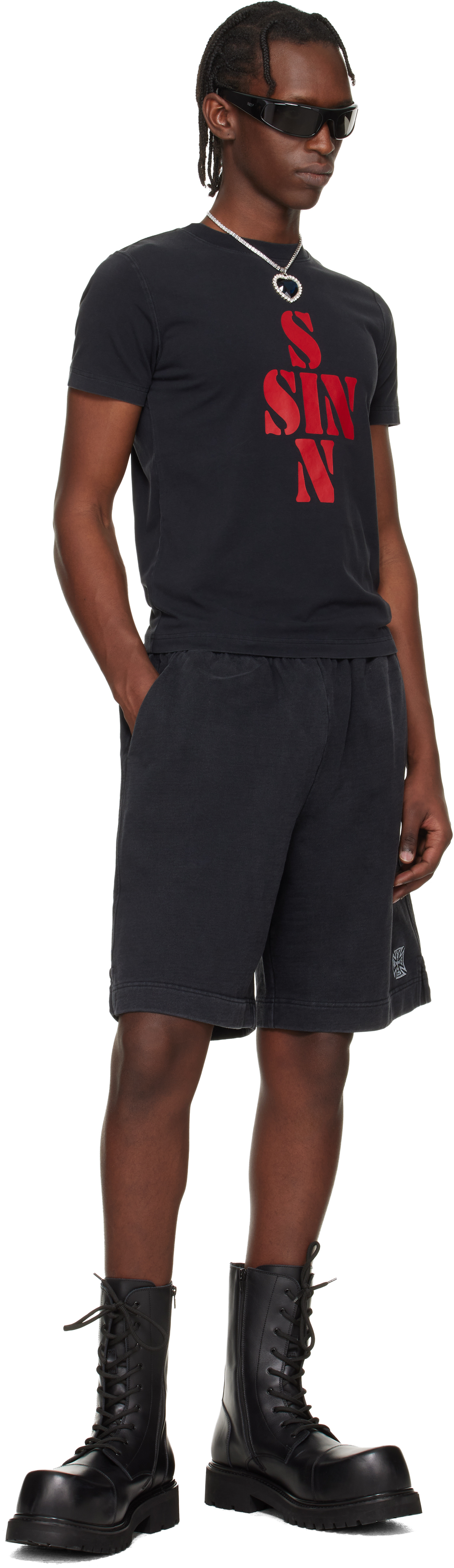 Black Biker Cross Logo Shorts