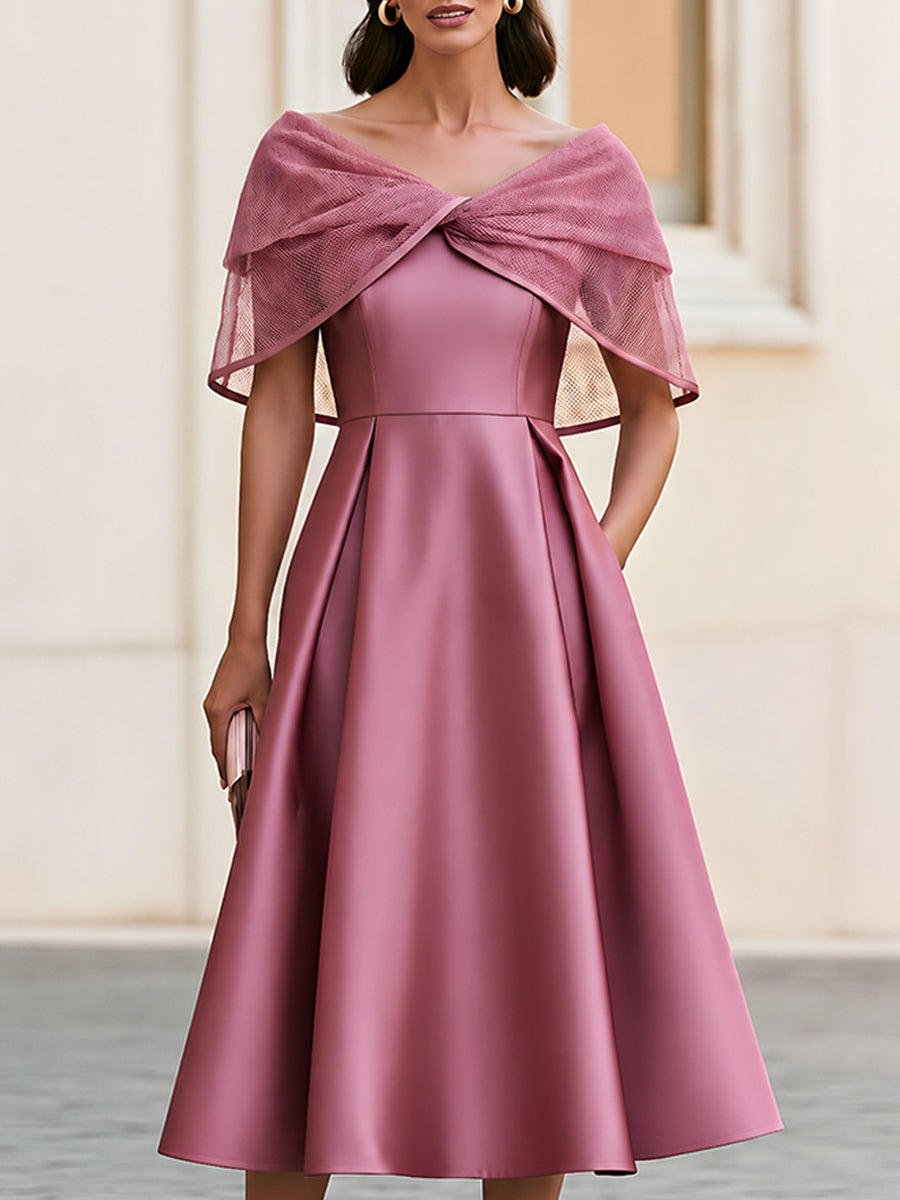 Mesh Cape Off-Shoulder A-Line Midi Dress - Fuchsia Red