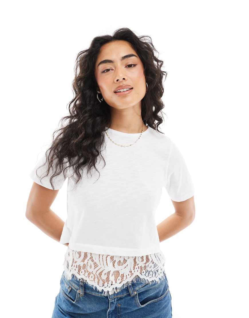 Miss Selfridge scallop hem lace underlay t-shirt in white