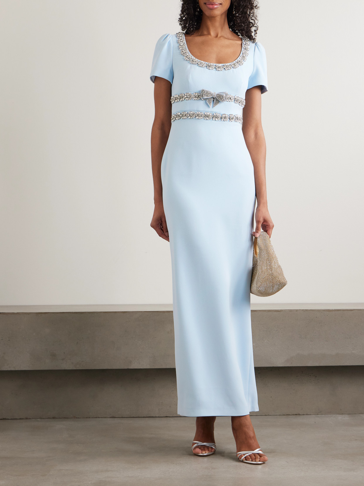 Bow-detailed Crystal-embellished Crepe Maxi Dress - Blue