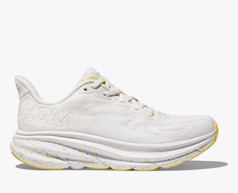 HOKA Women's Clifton 9 Shoes in White/Lemonade