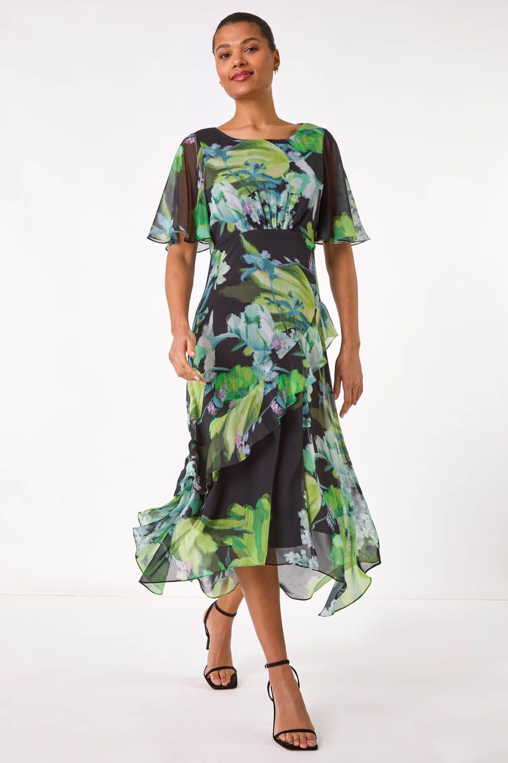 Roman Women's Botanical Floral Frill Dress in Green