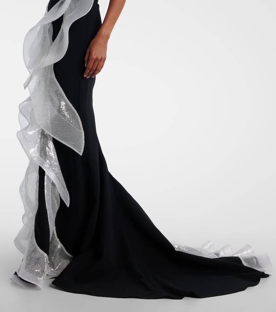 Refraction sequined ruffled gown
