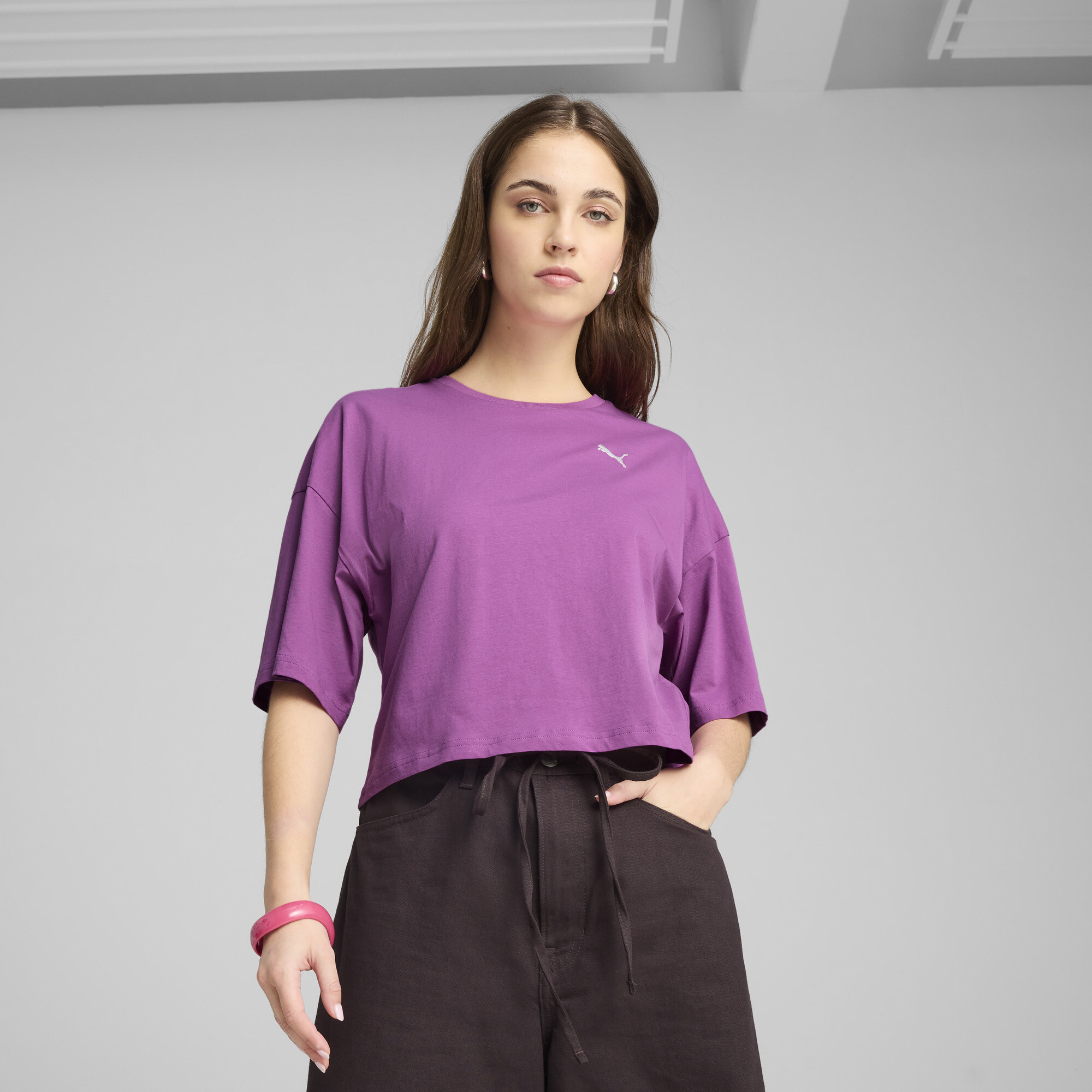 PUMA Wardrobe Essentials Women's Oversized Short T-Shirt in Purple