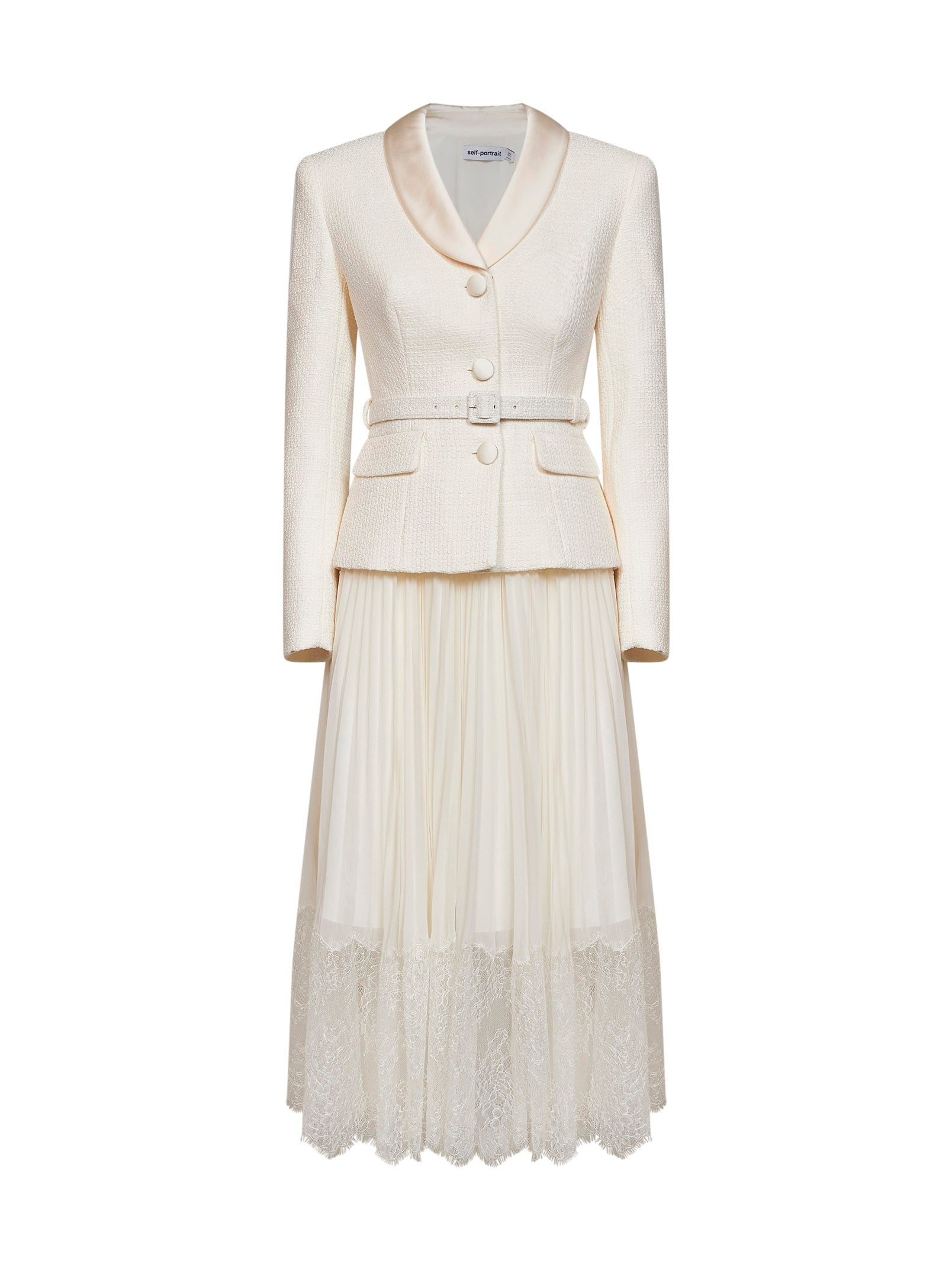 Bouclé & Pleated Georgette Midi Dress — Ivory