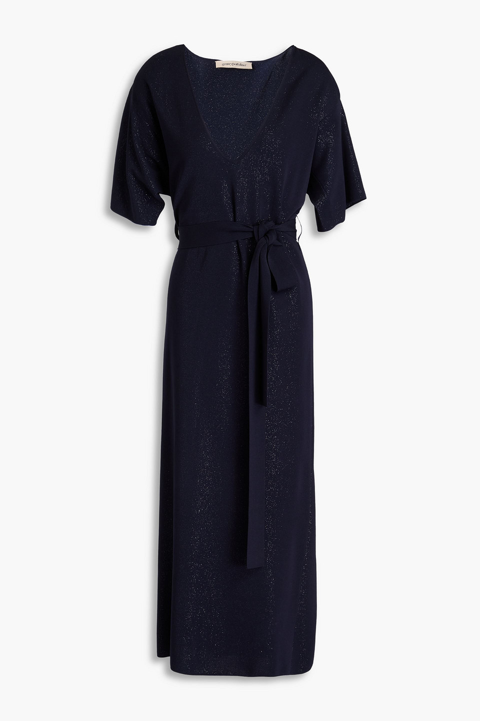 Belted metallic knitted midi dress