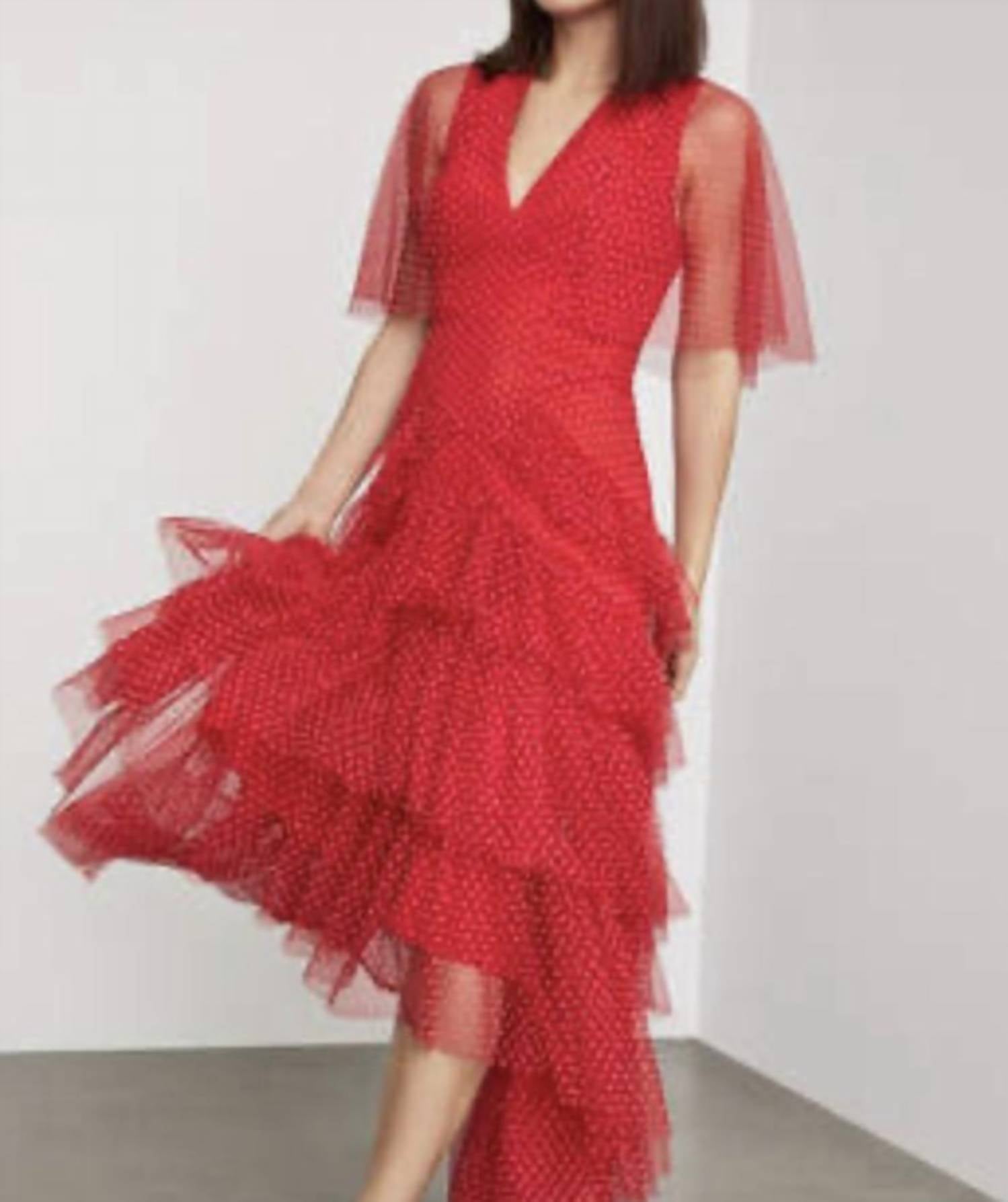 Women's Flocked Dot Asymmetric Ruffle Gown Dress In Red