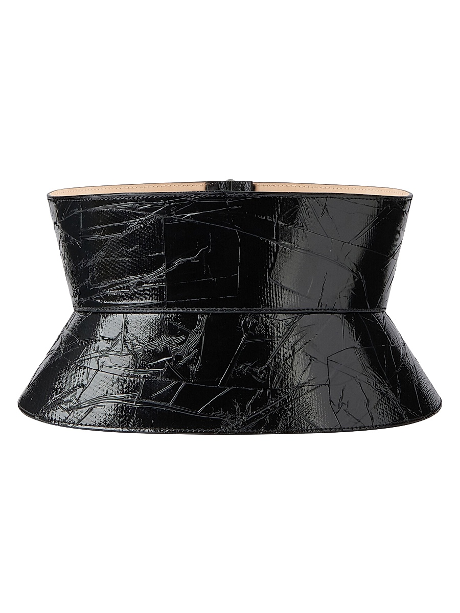 Women's Corset Belt in Nappa Leather with Tape Print - Black