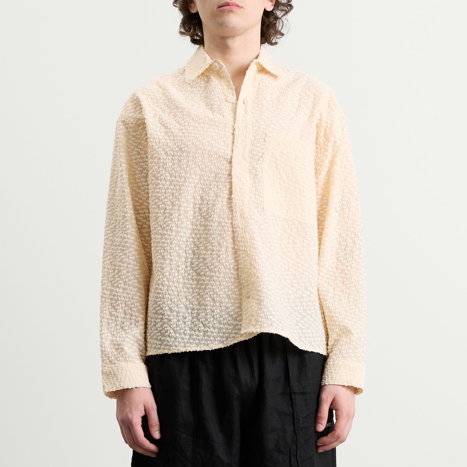 Men's Ribbon Jacquard Box Dress Shirt Ecru