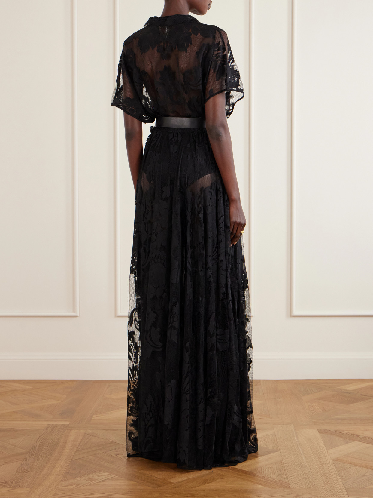 Belted Embroidered Mesh Gown - Black