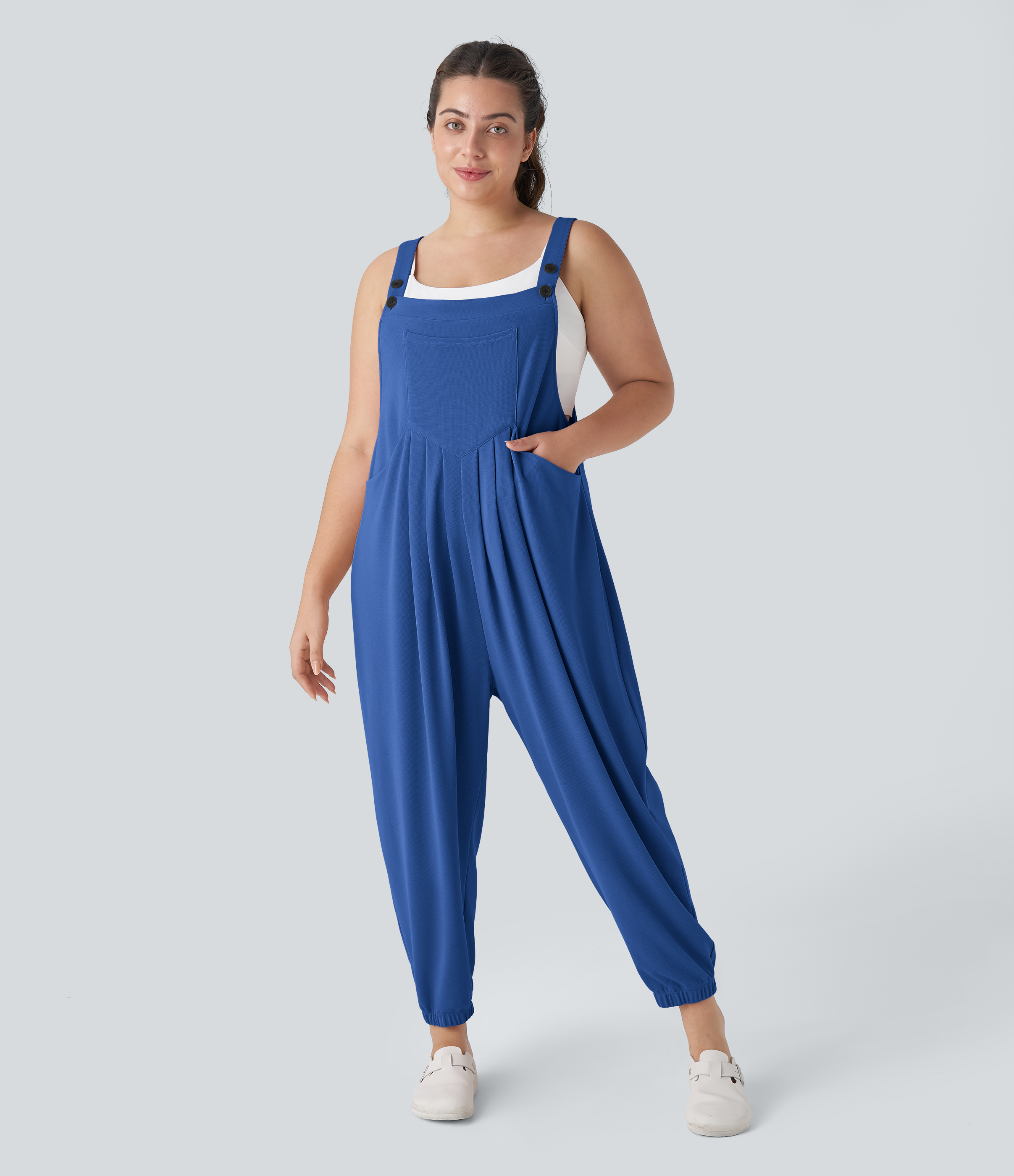 Pockets Waffle Casual Plus Size Jogger Overalls  - Deep Sapphire Blue