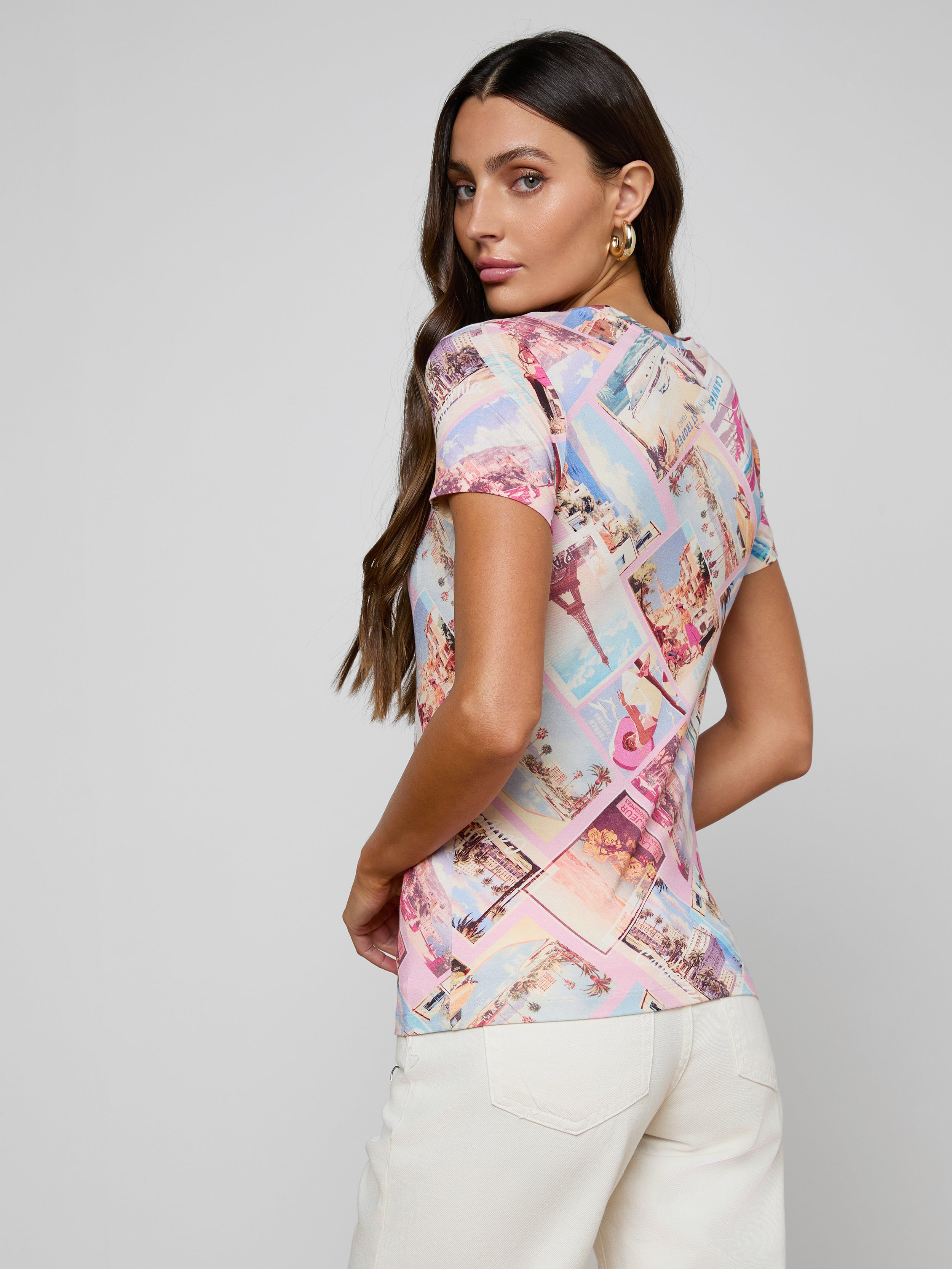 Ressi Fitted T-Shirt In Light Pink Multi Postcard Print