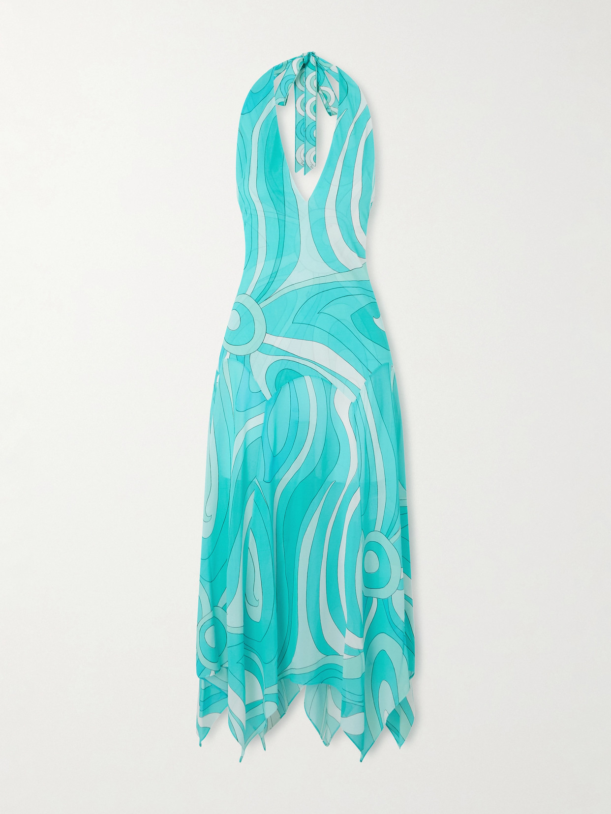 Printed Silk Twill-trimmed Crepe-jersey Halterneck Midi Dress - Blue