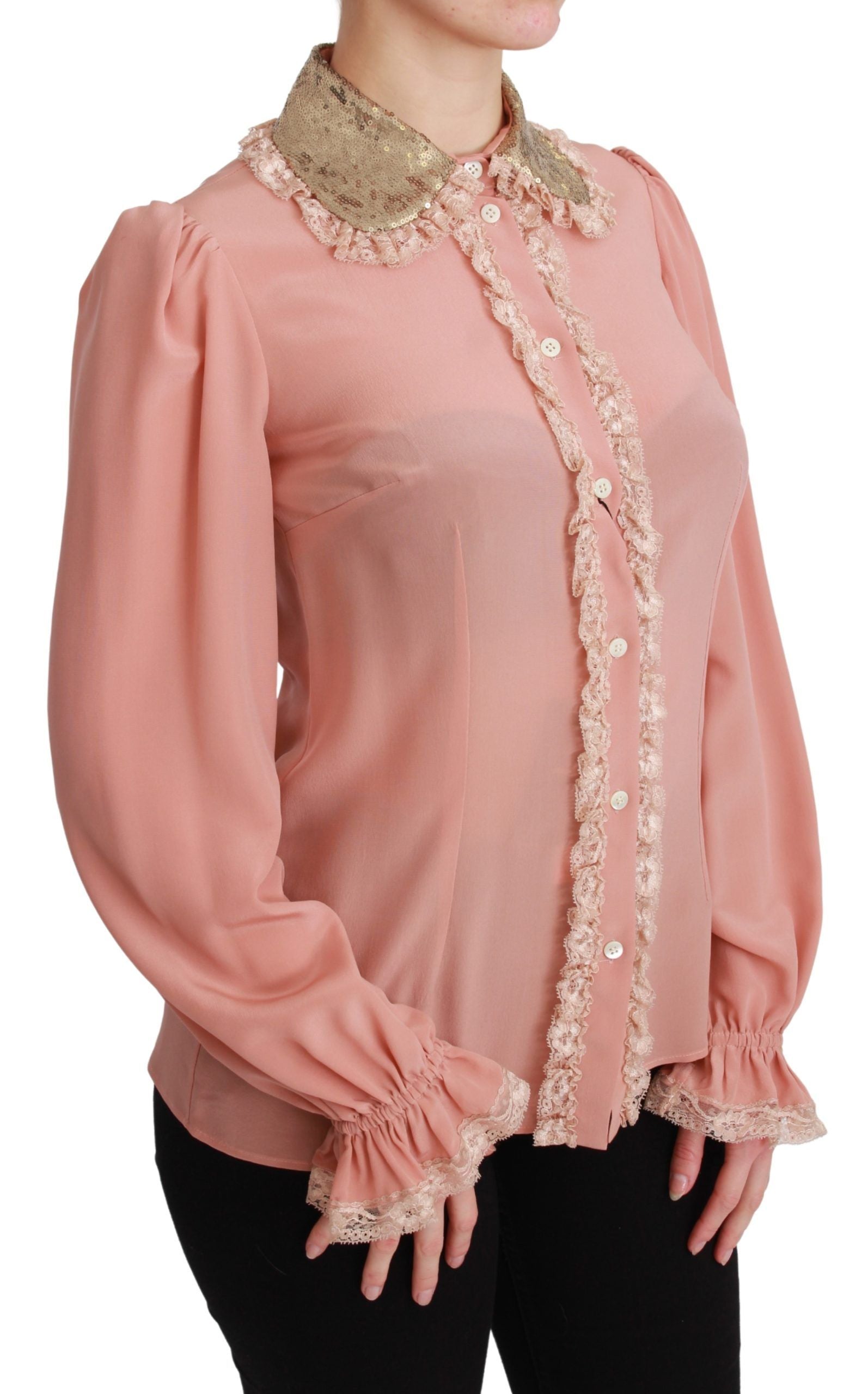 Silk Sequin-Trimmed Lace Blouse — Pink