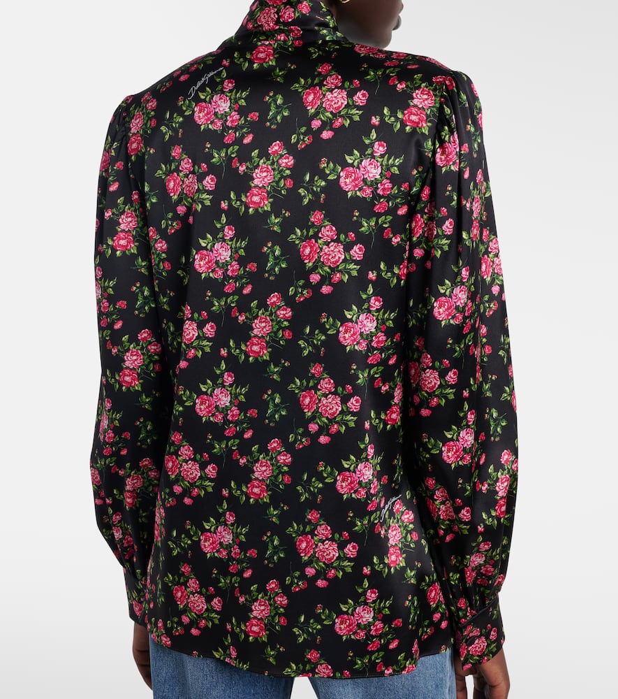 Floral tie-neck silk-blend satin blouse