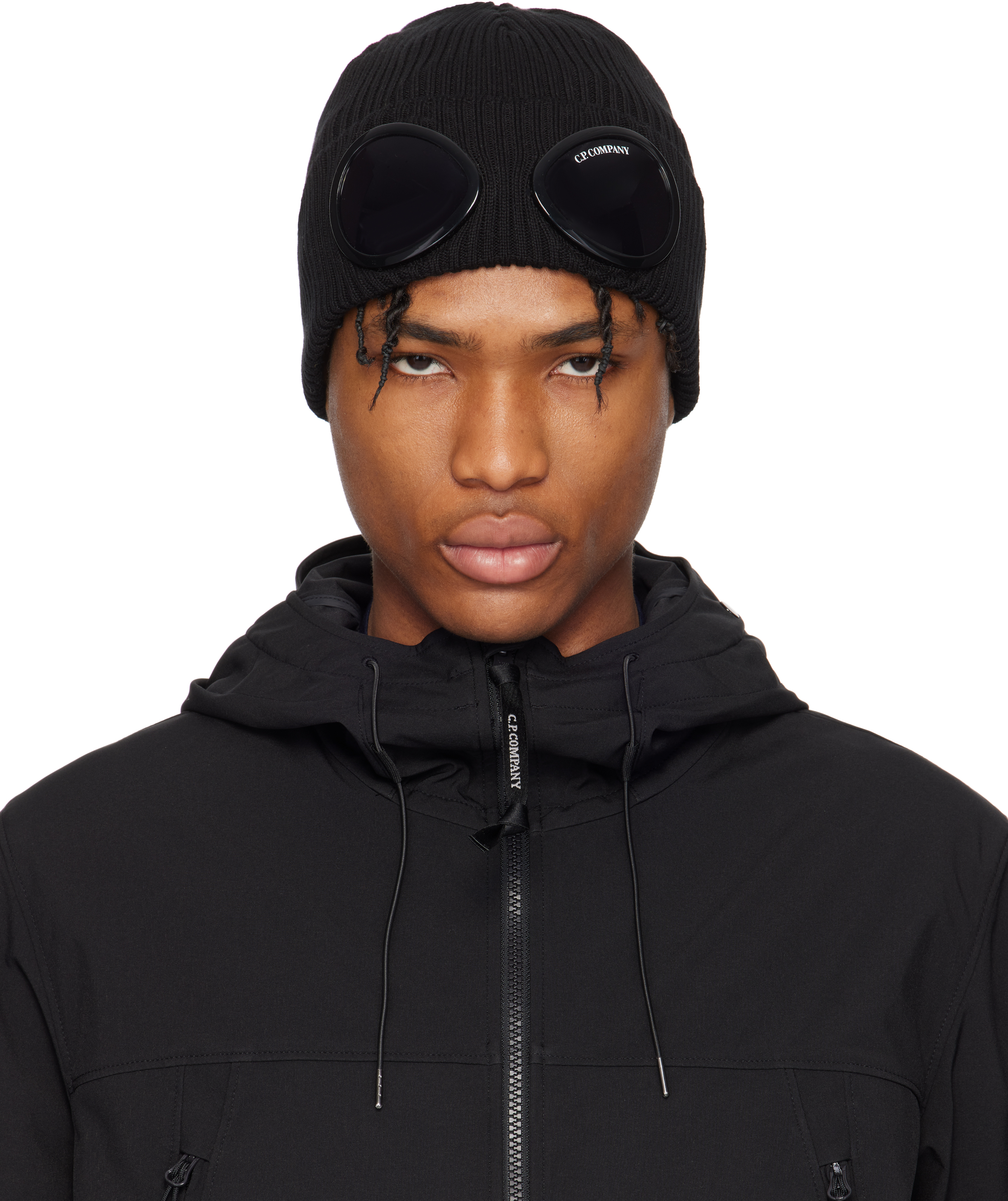 C. P. Company Black Cotton Goggle Beanie