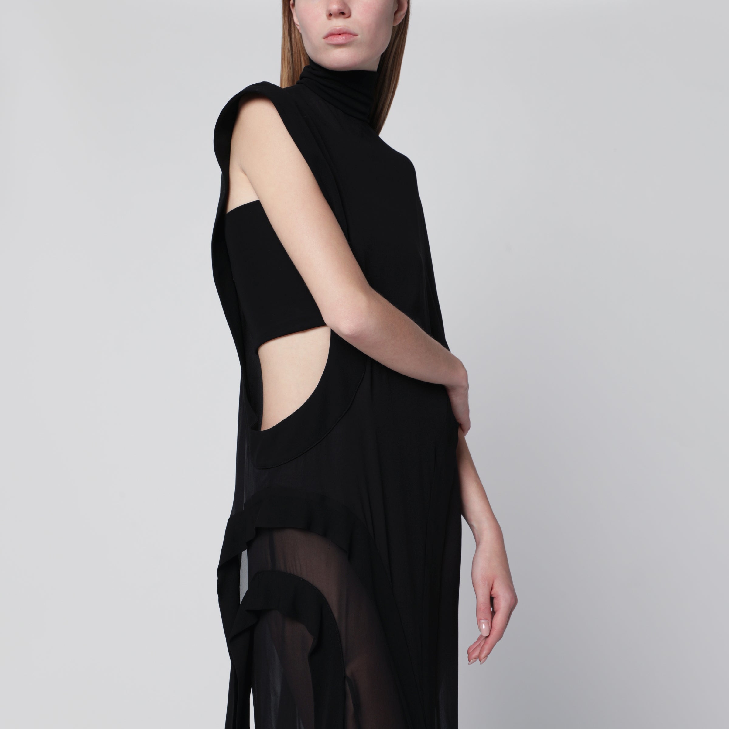 Long black one-shoulder silk dress