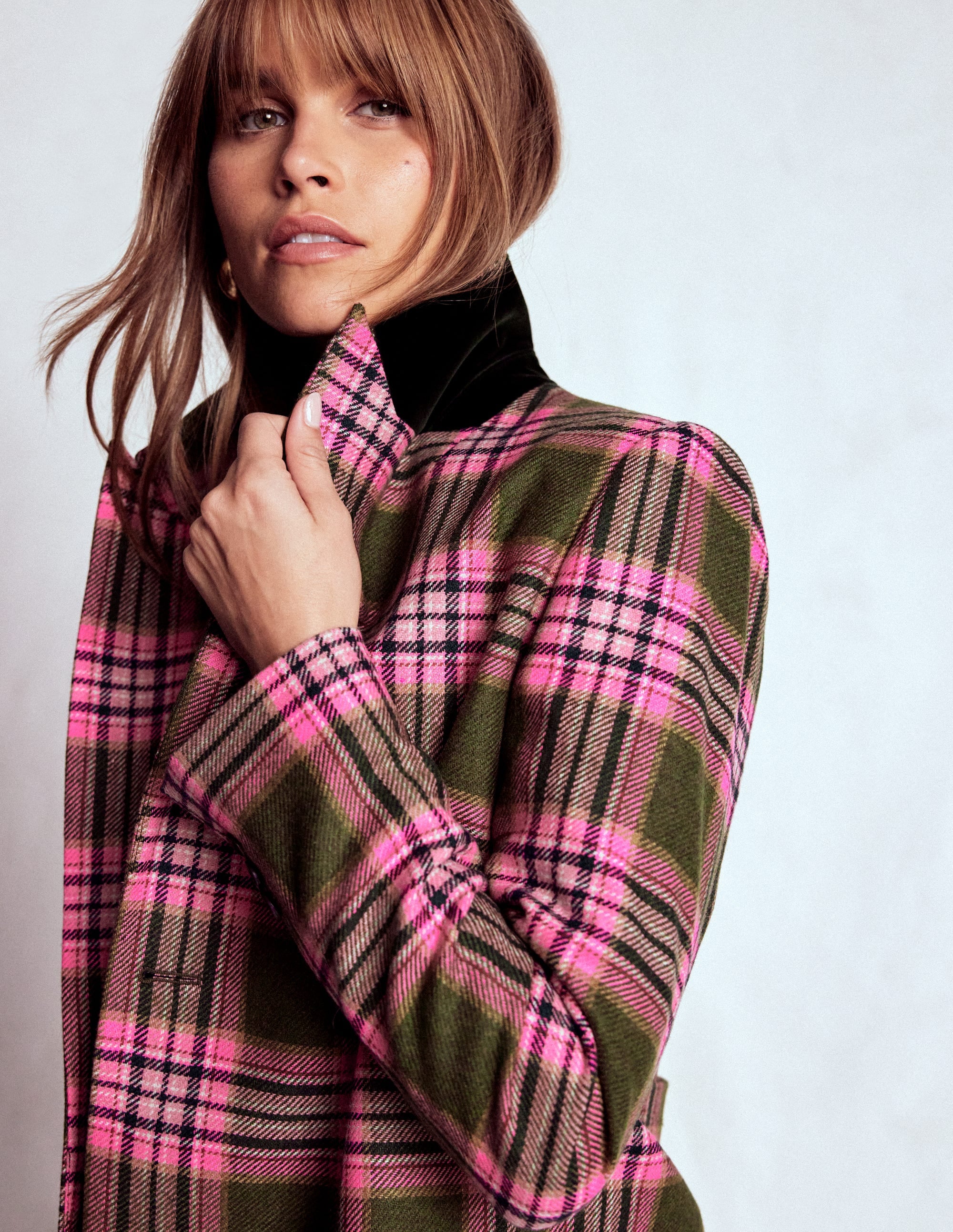 Boxy Double Breasted Blazer Olive Green and Pink Check