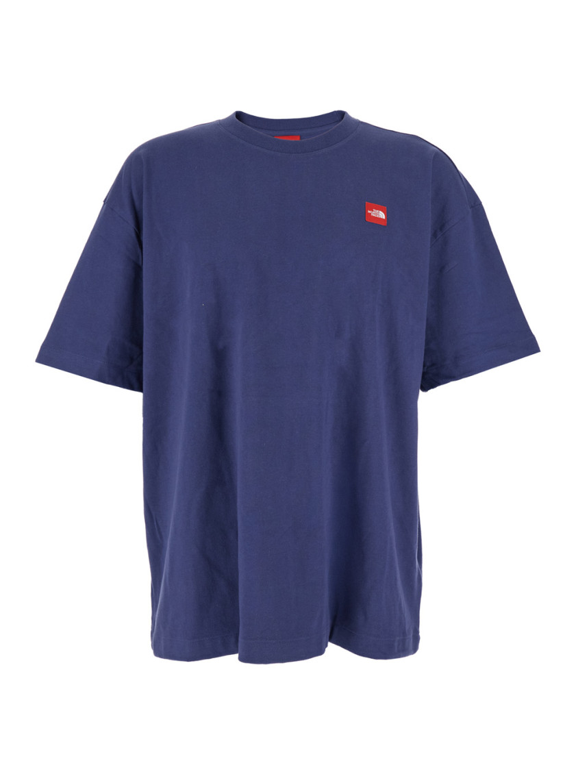 Blue Crewneck T-shirt With Logo Patch On The Front In Cotton Man