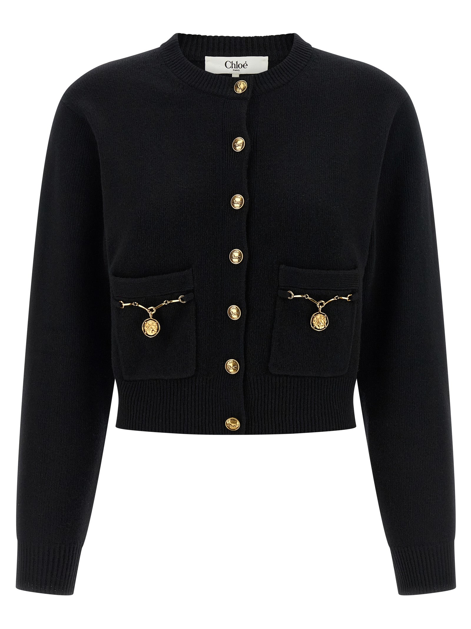 Wool and Cashmere with Horse Medal Buttons Cardigan — Black