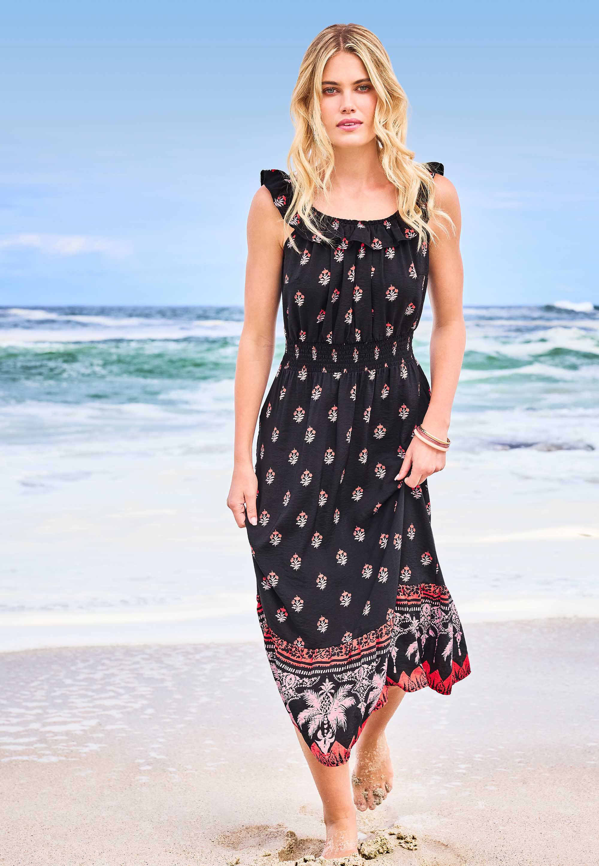 Womens Brown Border Print Frill Neck Dress