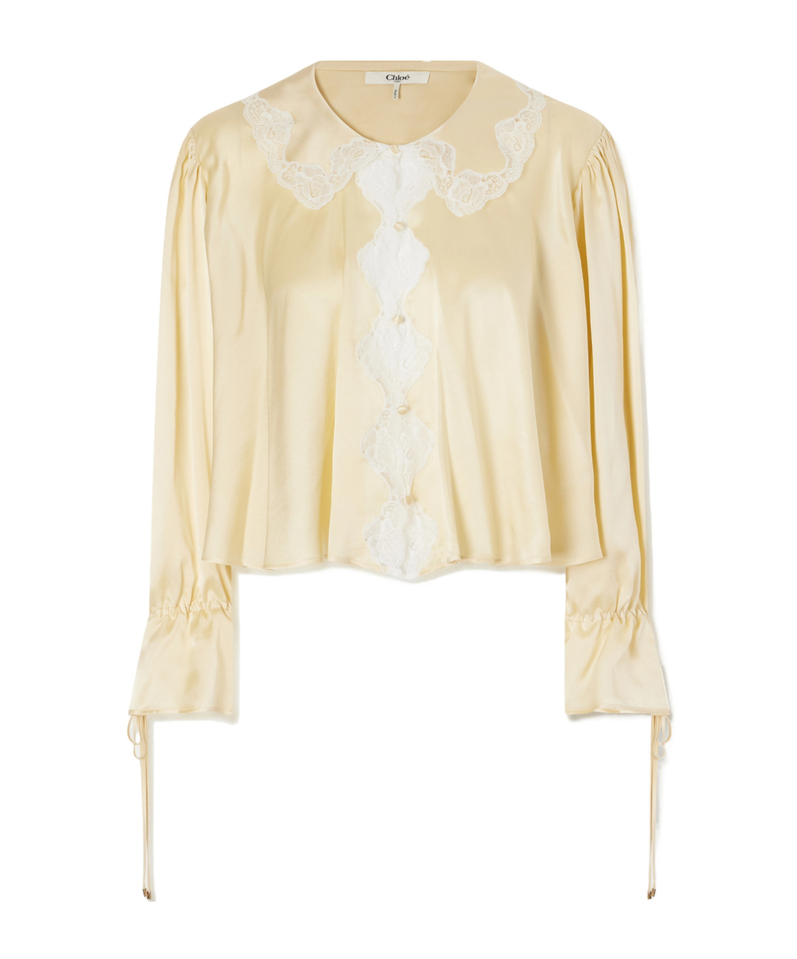 Gathered lace-trimmed silk-satin blouse