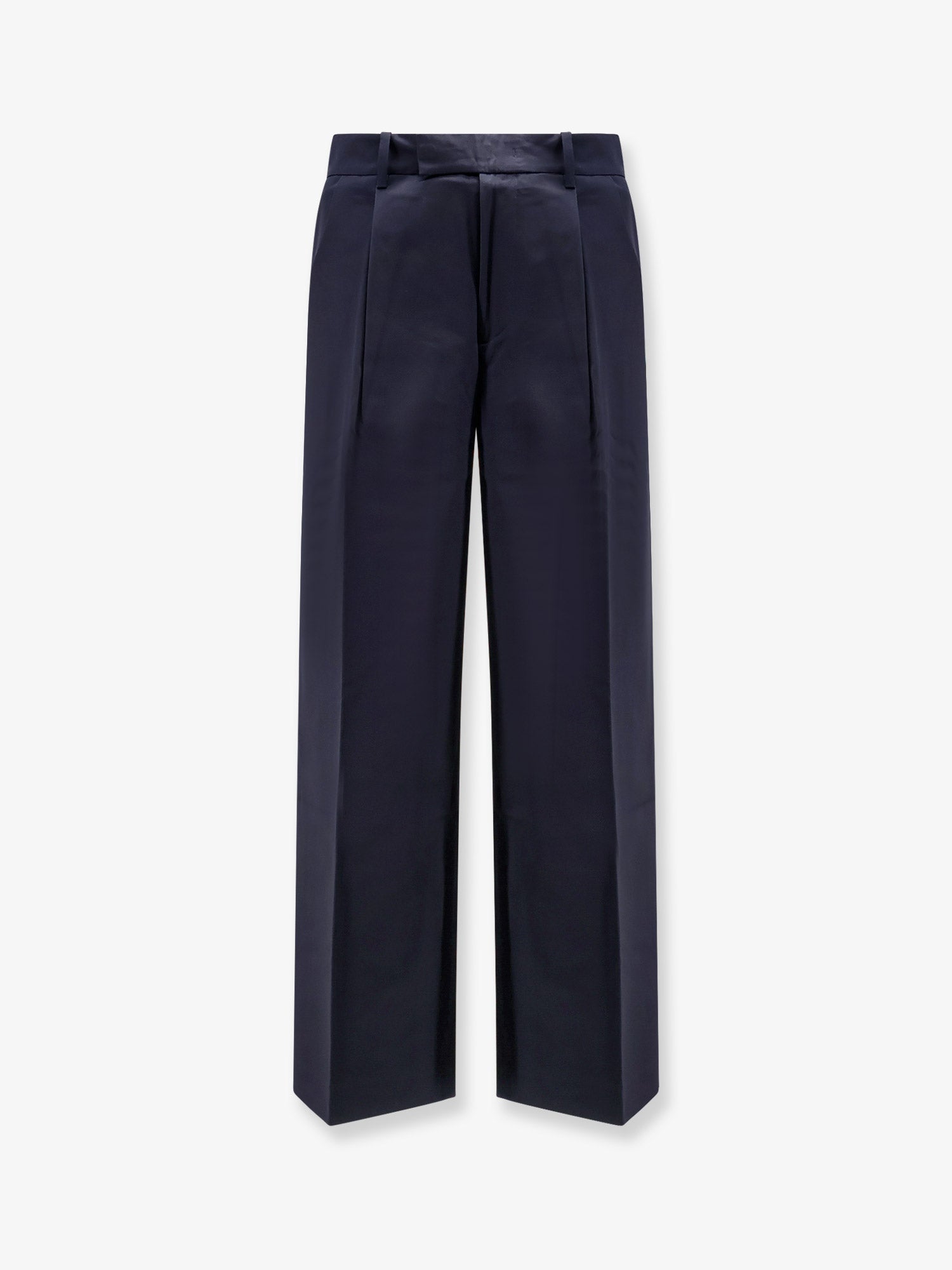 Wide-Leg Pleated Cotton Trousers — Navy