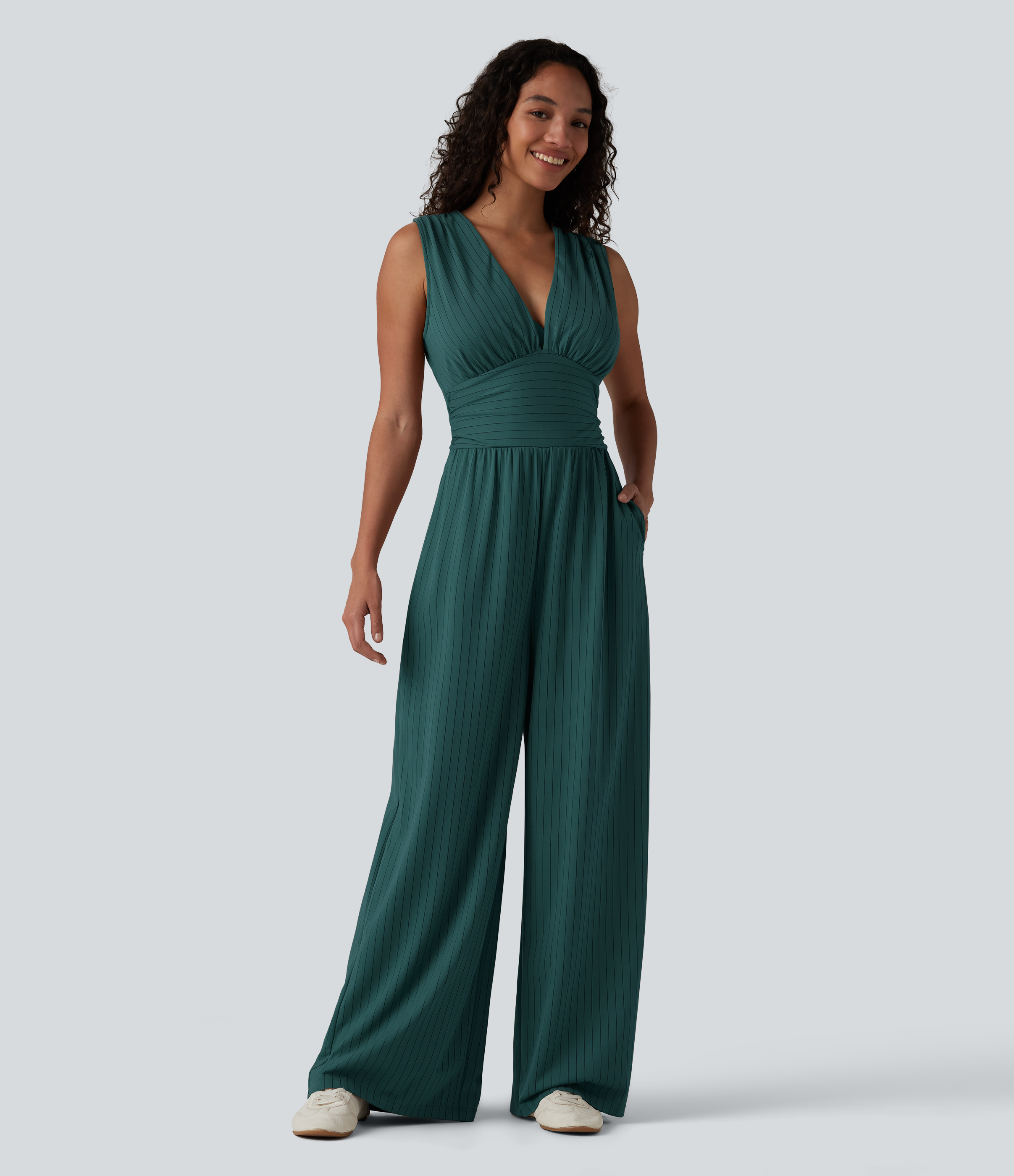 V Neck Sleeveless Ruched Stripes Work Jumpsuit with Pockets-Easy Peezy  - Cloud Shadow