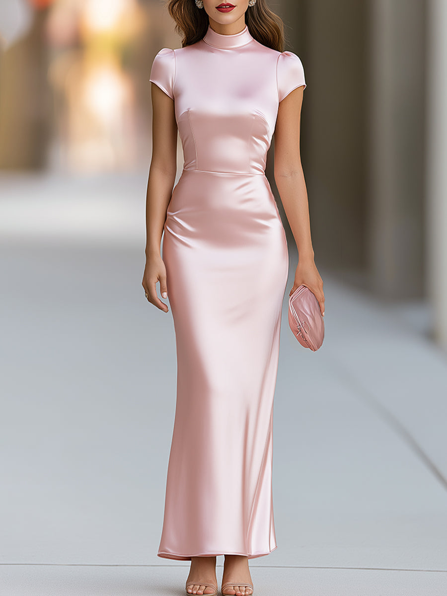 Mock Neck Satin Column Maxi Dress - Pink