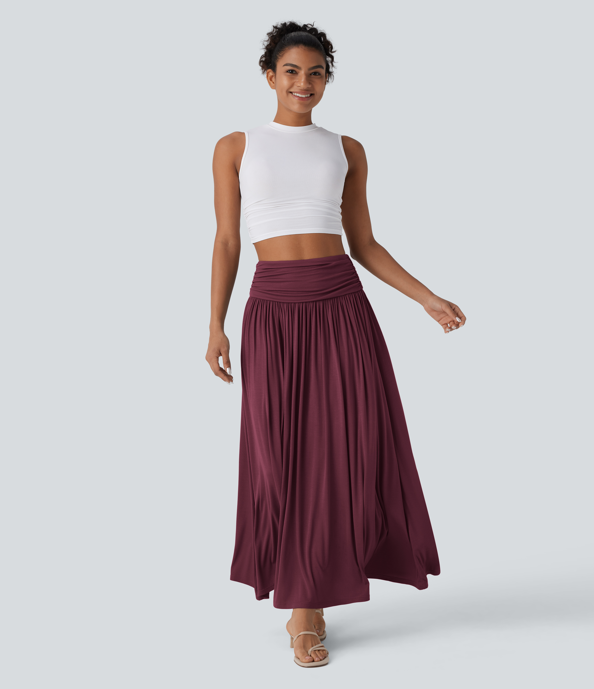 High Waisted Ruched Flowy Maxi Casual Skirt  - Tawny Port