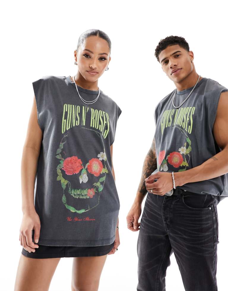 ASOS DESIGN unisex oversized license vest in washed black with Guns N Roses graphic prints - X-Sma