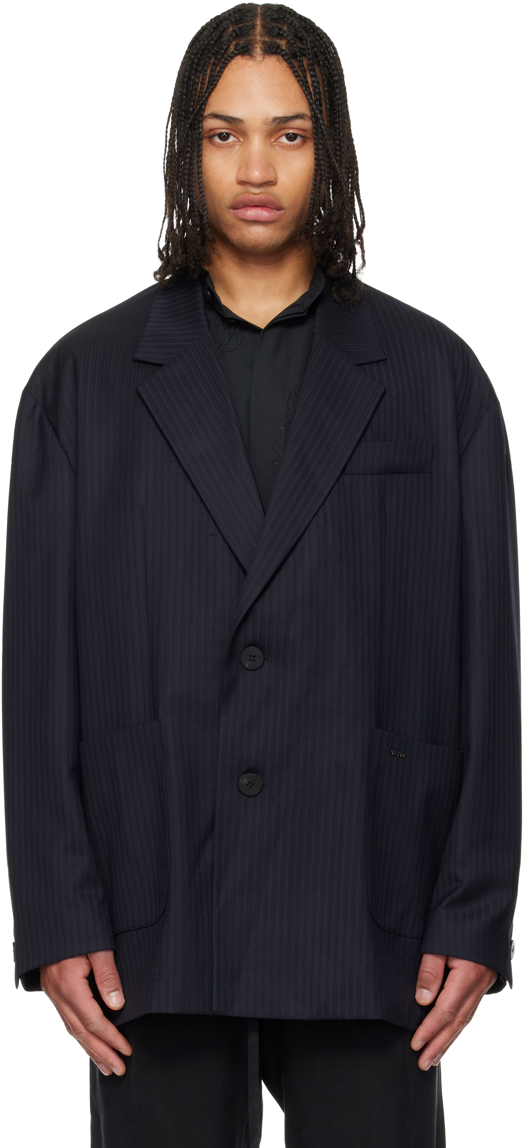 Navy Wool Stripe Wide Blazer