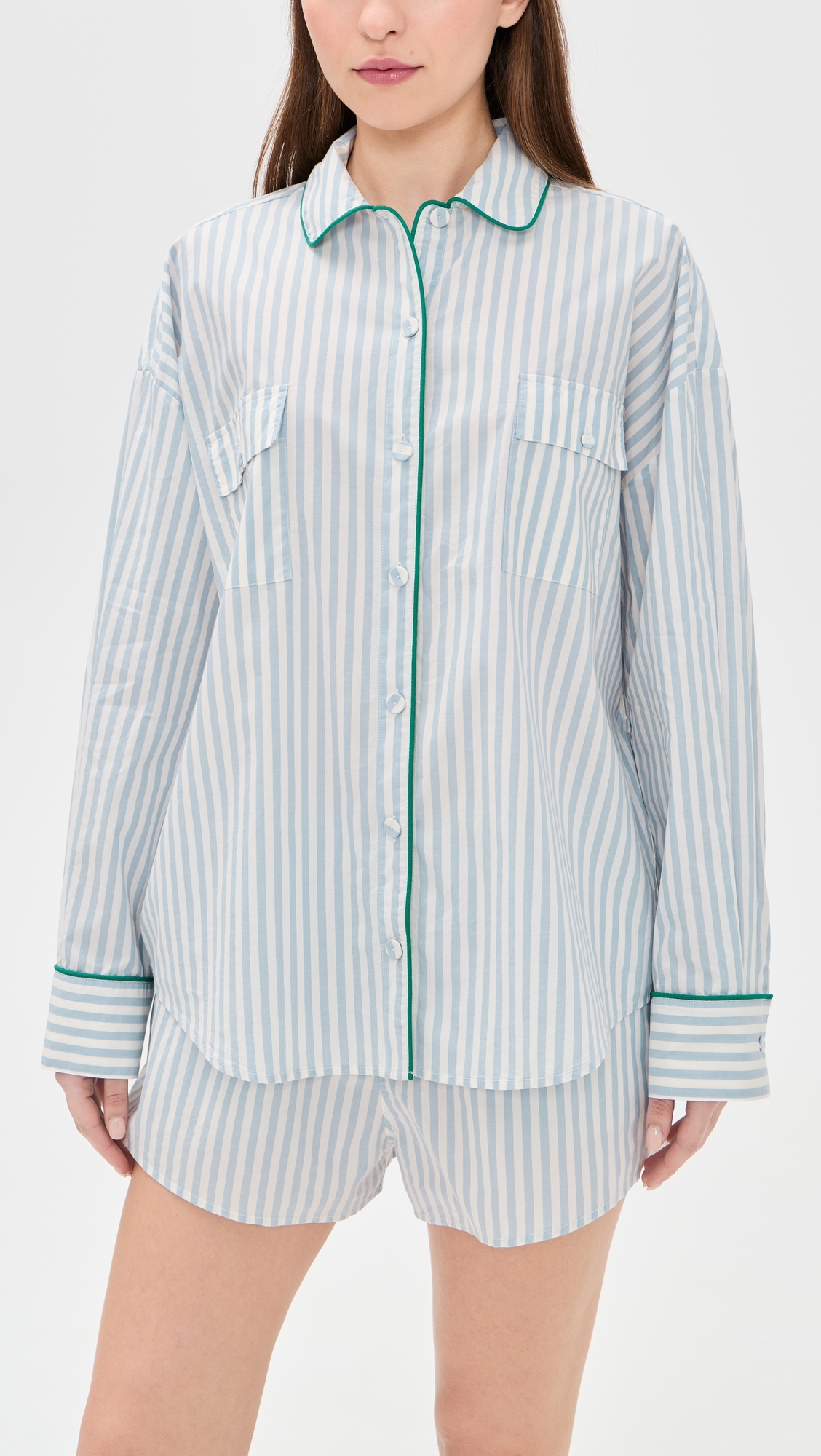 Airy Cotton Piped Button Down Pajama Top Stillwater Stripe/Spring